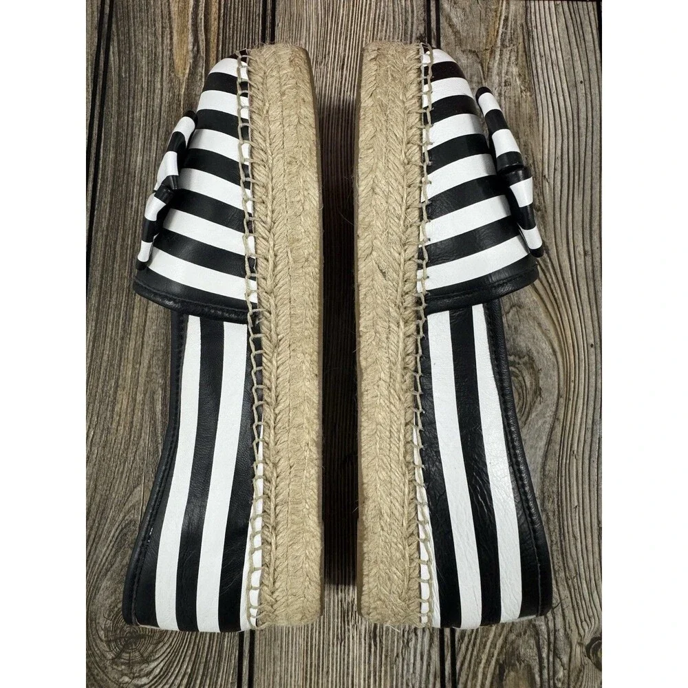 Kate Spade NY LINDS Striped Leather Bow Espadrille Flats Black White Sz 8 1/2